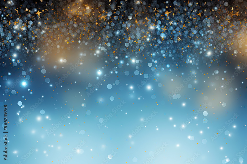 Poster Blue background with silver and gold snowflake particles and blurred bokeh sparkles. Generated AI