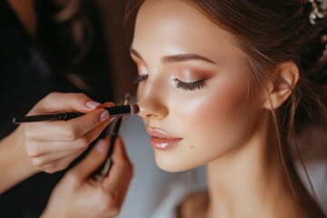 Obraz premium Elegant bridal makeup session with soft smokey eye and glossy lips