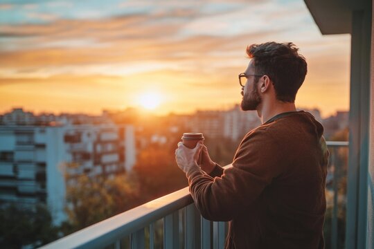 Man enjoying sunrise with coffee on balcony overlooking cityscape