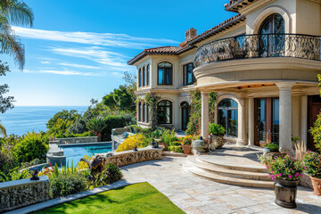 Fototapeta premium Luxurious mansion exterior with stunning ocean view, featuring beautifully landscaped garden and elegant architecture. serene atmosphere invites relaxation and enjoyment