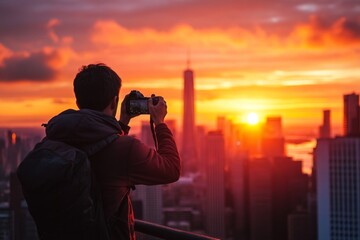 Capturing a stunning urban sunset: photographer in action against a city skyline