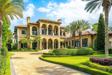 Luxurious mansion exterior featuring elegant architecture, lush landscaping, and palm trees. grand entrance and manicured gardens create serene and opulent atmosphere