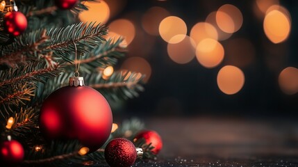 Fototapeta premium The Christmas tree is elegantly decorated with garlands and bright ornaments