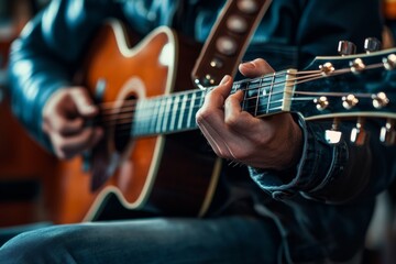 Obraz premium Acoustic guitar close-up of hands strumming in warm lighting
