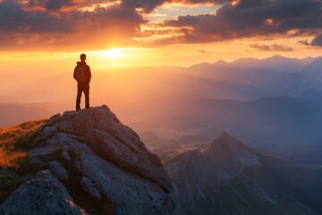 Fototapeta premium Hiker admiring breathtaking sunrise over mountain range from rocky peak
