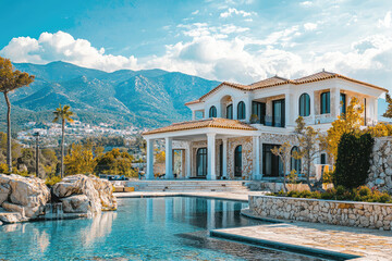 Obraz premium Luxurious mansion exterior with stunning pool and scenic mountain backdrop, surrounded by lush greenery and elegant architecture, creating serene atmosphere