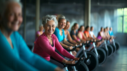 Fototapeta premium Happy Elderly Woman Doing Gym Fitness with Group