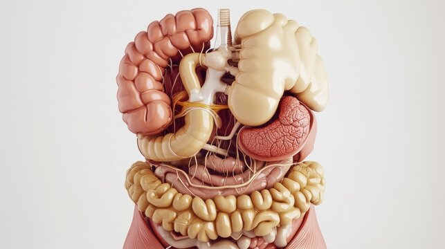 An educational diagram of the human digestive system, illustrating the major organs and their functions with clear labels and a clean, organized layout.