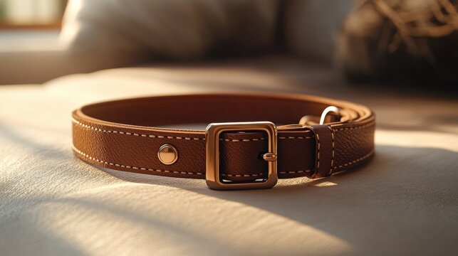 A stylish brown leather belt with elegant stitching and a shiny buckle, perfect for adding sophistication to any outfit.