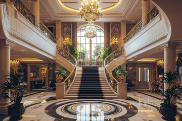 Obraz premium A luxury mansion interior featuring grand staircase, elegant chandeliers, and lush greenery creates an opulent atmosphere. intricate design and rich materials enhance lavish feel of space