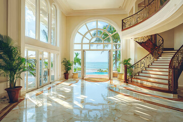 A luxury mansion interior featuring grand foyer with large windows overlooking ocean. elegant staircase and marble flooring create stunning atmosphere
