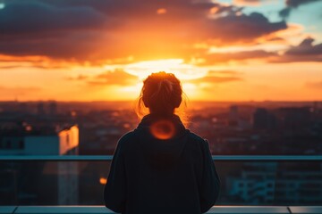 Fototapeta premium Silhouette of woman watching urban sunset from rooftop with dramatic sky