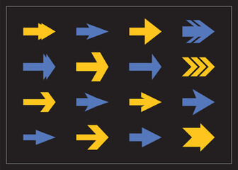Trendy blue and yellow silhouette and isolated pointy sharp edge direction arrows icons design element set with different shapes and thin white border on black background