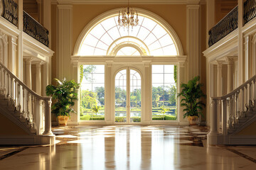 A luxury mansion interior featuring grand foyer with elegant staircases and large windows that offer stunning view of landscaped garden outside. atmosphere is inviting and opulent