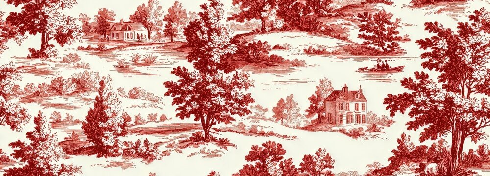 Elegant red and white vintage pattern featuring a scenic landscape with trees and traditional houses, perfect for decor. - Toile de Jouy seamless patterns.
