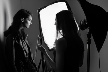 Black and white portrait photography session with studio lighting equipment