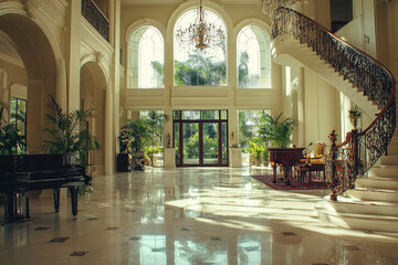 Obraz premium A luxury mansion interior featuring grand foyer with high ceilings, elegant staircase, and abundant natural light. space is adorned with lush plants and sophisticated furnishings, creating serene and