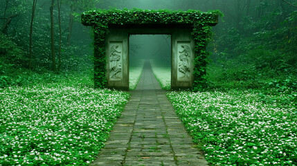 Naklejka premium Mystical Stone Archway in a Foggy Forest