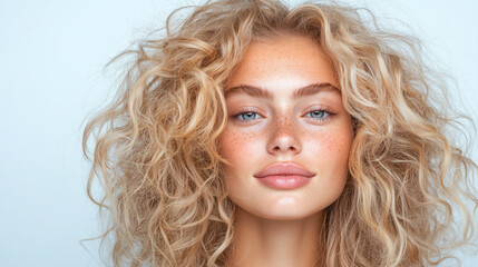 Fototapeta premium Beautiful Woman with Curly Blonde Hair and Blue Eyes