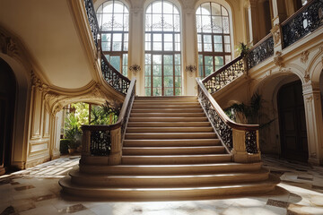 Obraz premium A luxury mansion interior featuring grand staircase, adorned with intricate railings and bathed in natural light. elegant design creates warm and inviting atmosphere