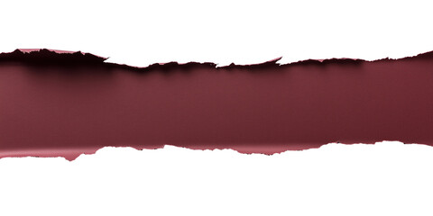 Roughly torn maroon paper strip with jagged edges isolated on transparent background