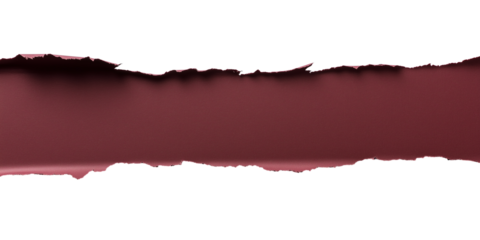 Roughly torn maroon paper strip with jagged edges isolated on transparent background