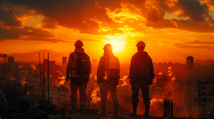 Obraz premium Silhouette of Workers on Construction Site During Sundown