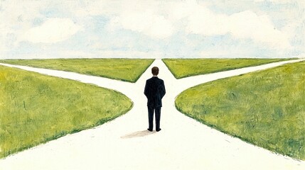 Obraz premium A man stands at a crossroads, contemplating his future choices against a serene landscape, representing decision-making and paths.