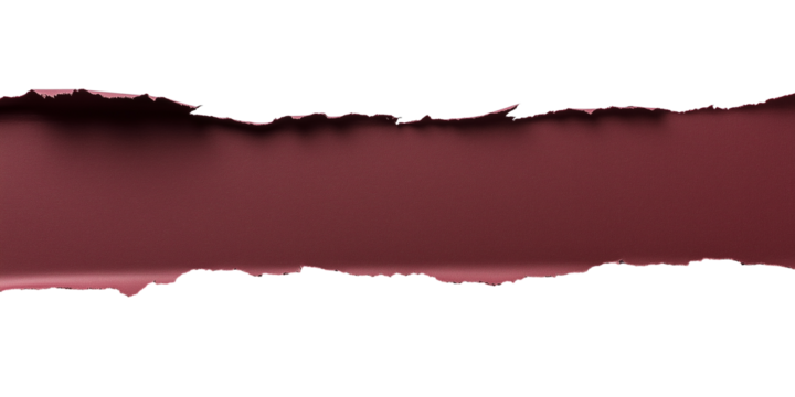 Roughly torn maroon paper strip with jagged edges isolated on transparent background