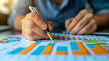 Gaining Insights from Reviewing Comprehensive Financial Data, Male Hands, Pen