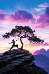 A serene sunset scene of a person practicing yoga beside a majestic tree on a rocky ledge, embodying peace and harmony.
