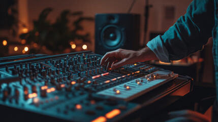 Naklejka premium Podcast creator adjusting audio levels on a mixing console during a live recording