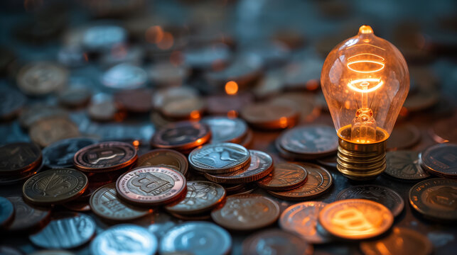 Lightbulb and coins illustrate the concept of financial efficiency and energy saving.