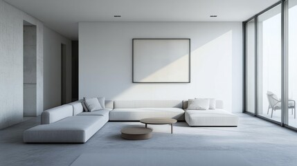 An open-concept minimalist living space with a large sectional sofa, a simple coffee table, and a minimalist art piece on the wall, creating a serene and inviting atmosphere.
