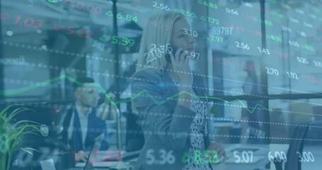 Animation of financial data processing over caucasian businesswoman using smartphone in office - Powered by Adobe