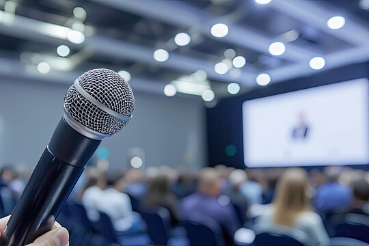 A microphone being held by speaker at conference, capturing attention of audience. atmosphere is filled with anticipation and engagement as speaker prepares to share valuable insights