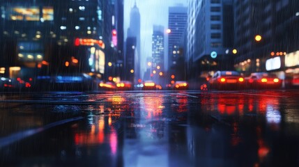 Obraz premium An urban street scene with contemporary street lights and a backdrop of sleek skyscrapers, with the lights reflecting off wet pavement after a rain shower.