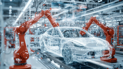 Automated Car Manufacturing: Robots Assemble Vehicle on Assembly Line