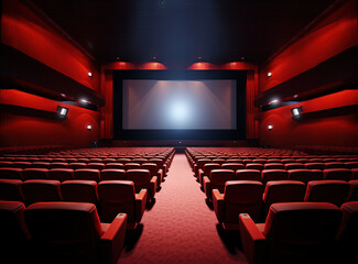 Fototapeta premium Cinema theater with movie scene on wide screen and empty chairs in the cinema hall. Generated AI
