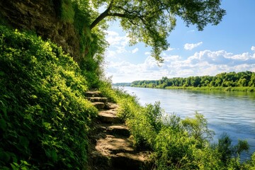 Fototapeta premium A tranquil pathway of stone steps winds through lush greenery towards the serene Loire River. The path offers a scenic escape for peaceful walks, surrounded by the beauty of nature.