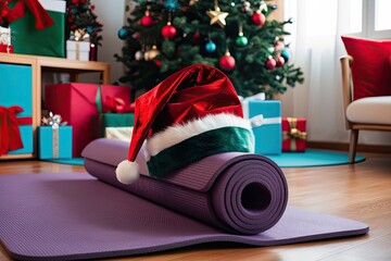 Luxury Yoga Mat with Festive Hat in Vibrant Holiday Home for Health and Fitness Goals