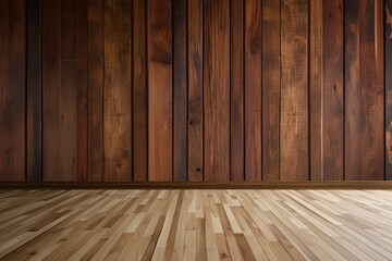 Naklejka premium Seamless Panorama Backdrop of Ancient Mahogany Rustic Texture Wall and Maple Laminate Flooring