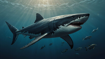 Fototapeta premium great shark glides through the deep blue sea powerful and majestic.