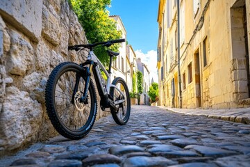 Fototapeta premium A bicycle leaning against the stone wall of a narrow alley in Avignon, the lavender fields visible in the distance
