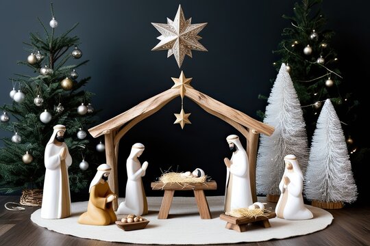 Peaceful Christmas Nativity Scene with Artisan Wooden Manger and Ethereal Star of Bethlehem