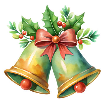 Two Christmas bells with holly and red ribbon illustration on white background