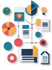A visual representation of a business plan using a flowchart with key performance indicators (KPIs) and icons symbolizing strategy, analysis, goals, implementation, and success.