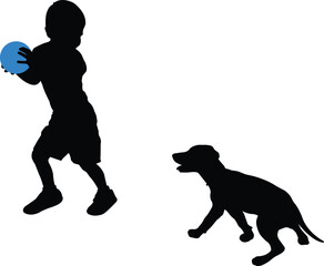 little boy playing with his puppy - vector silhouette