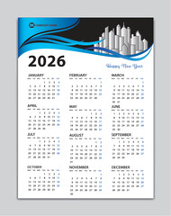 Calendar 2026 template, Wall Calendar 2026 Vector, Desk Calendar Design, Week Start On Monday, Poster, Planner, Stationery, Printing, vertical artwork, Blue wave background concept