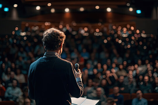 A professor delivering TED style talk to large audience, engaging and inspiring listeners with insightful ideas. atmosphere is filled with anticipation and excitement